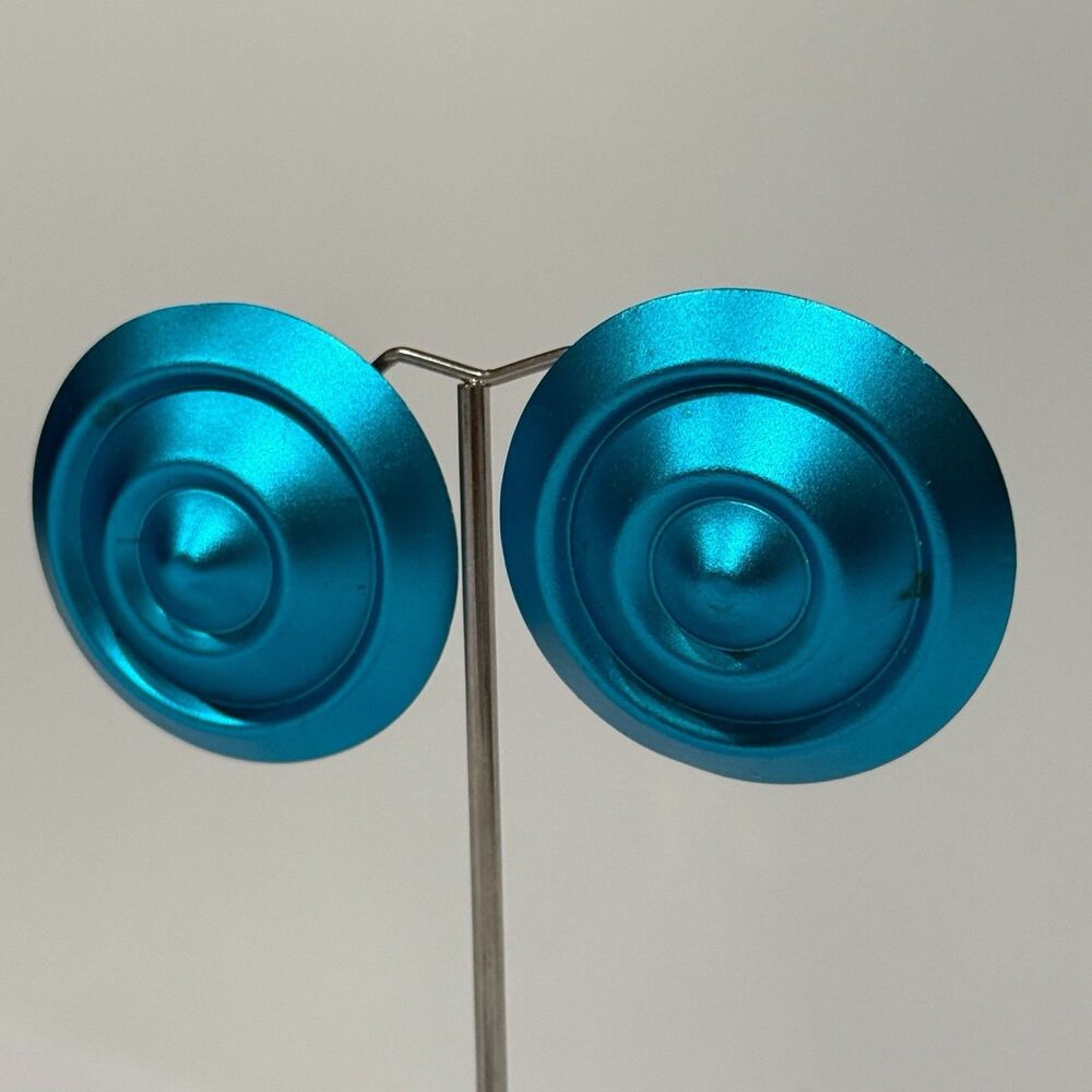 Vintage Large Blue Disc Earrings Statement Round Retro Clip On Bold Mod - Picture 9 of 11